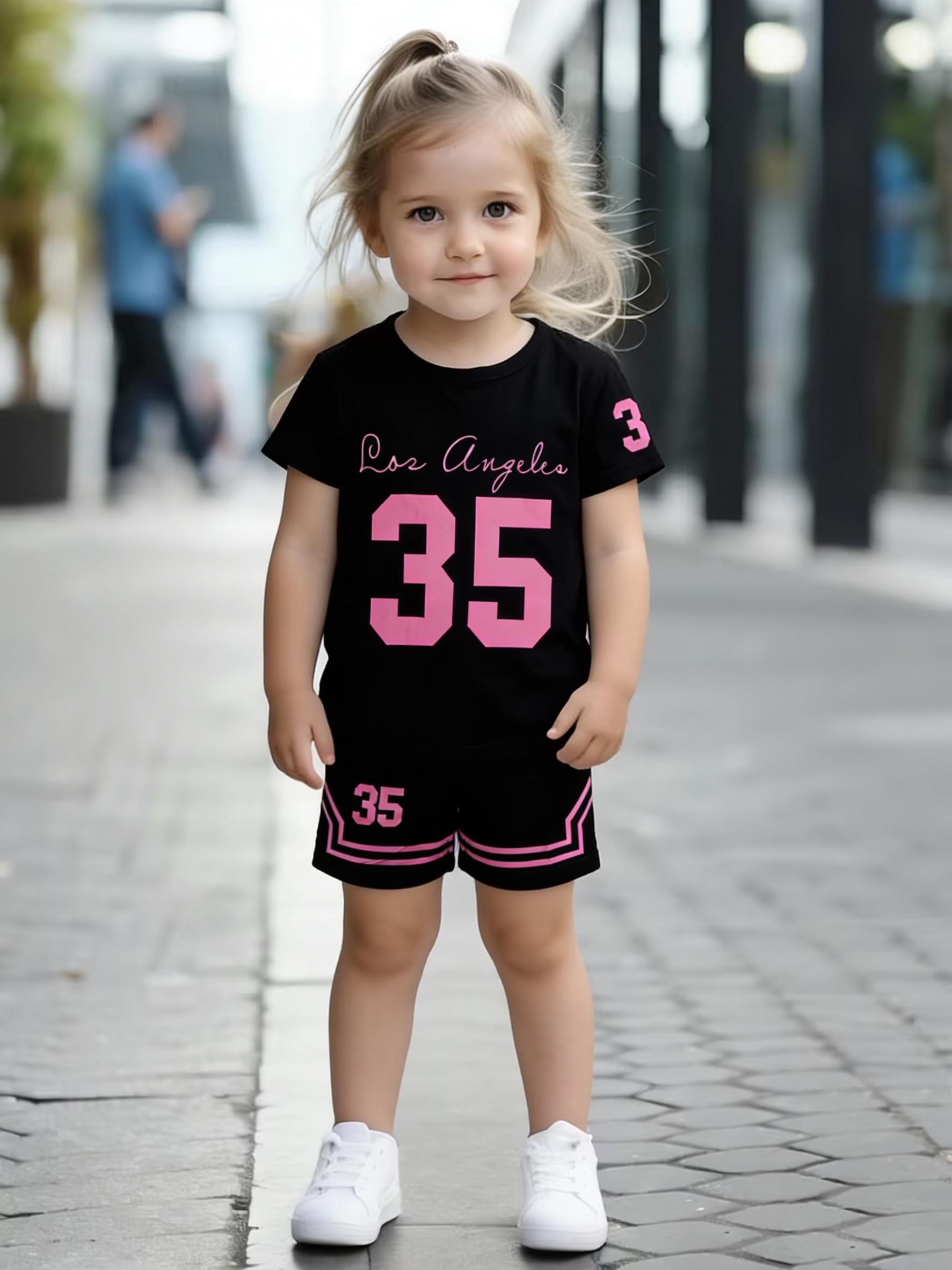 

Toddler Girls Cool 35 Print 2-Piece Outfit, Summer Black & Pink Sporty Clothes for Kids, Perfect for Playwear & Outdoor 5-6Y чорний