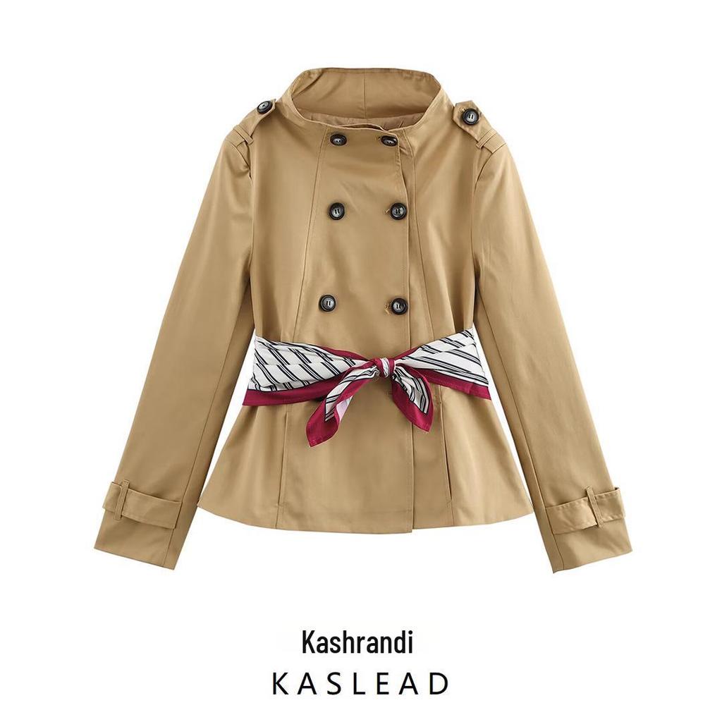 Spring 2025 Women's European & American Style Fashion Print Short Trench Coat with Scarf Detail