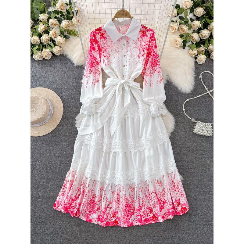 

Vintage Court Style Lantern Long Sleeve Lapel and Waist Tight Slim Looking A- line Lace Patchwork Shirt Dress Elegant Dress Pink L