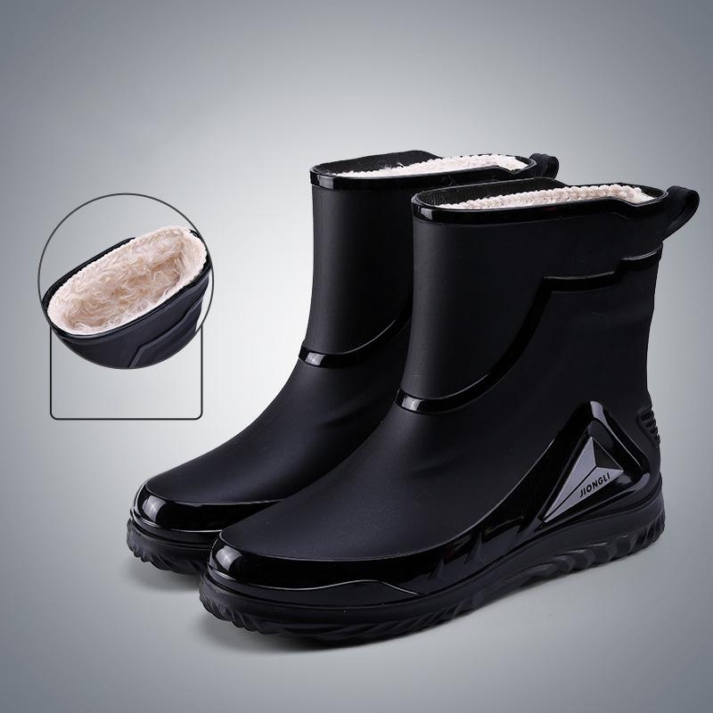 Fashion Drawstring Rain Boots Men's Non Slip Mid Tube Water Shoes Rain Boots Plus Velvet Warm Rubber Shoes Closed Work Short Tube Water