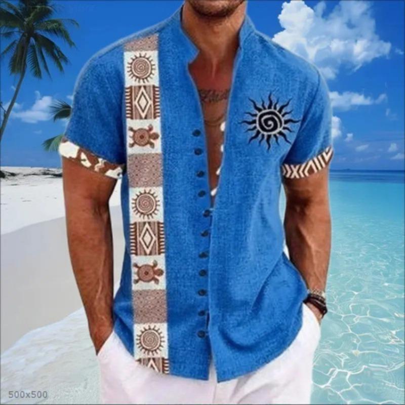 Men Ethnic Front Print Stand Collar Short Sleeve Loose Casual Linen Shirt