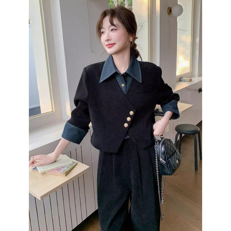 Elegant French Vintage Two Piece Set Women Autumn Spring Fashion Wide Leg Pants Outfit