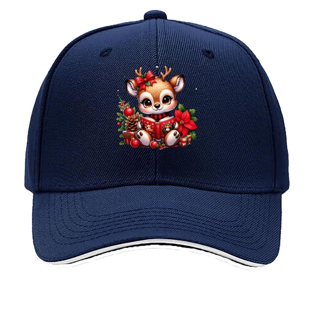 Cute Christmas Reindeer Reading Book Holly Poinsettia Gift Sandwich Baseball Cap Unisex Women Sun Cap Outdoor Workouts Hat