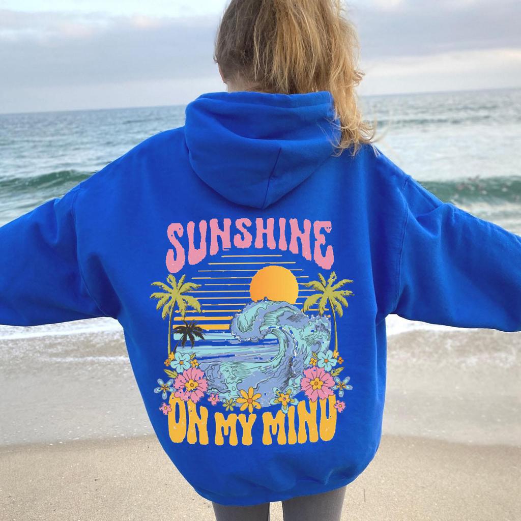2025 Popular Fashion Hooded Sweater Ins Women's Shoulder Sleeves Fashion Sunshine Wave Sweater Print