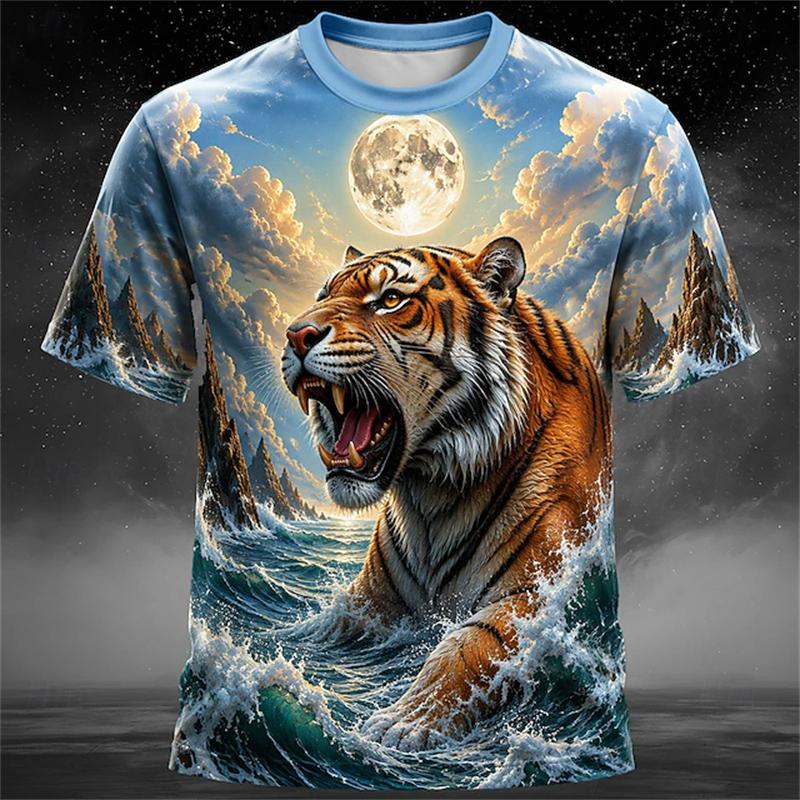 New Men's Summer Crew-Neck Short-Sleeve T-Shirt with Retro Tiger Print Breathable Casual and Loose-Fitting Mens Short-Sleeve Top