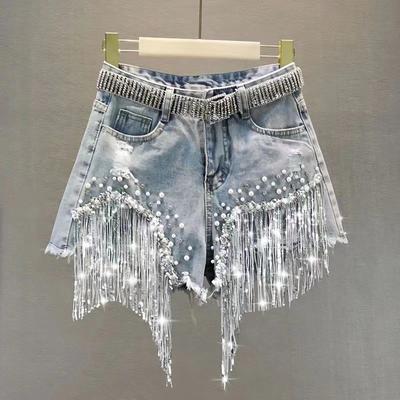 Shorts Elegantes de Verão Senhora Franja Miçangas Cintura Alta Perna Larga Shorts Jeans Femininos Casuais Sólidos Jeans para Mulheres Roupas