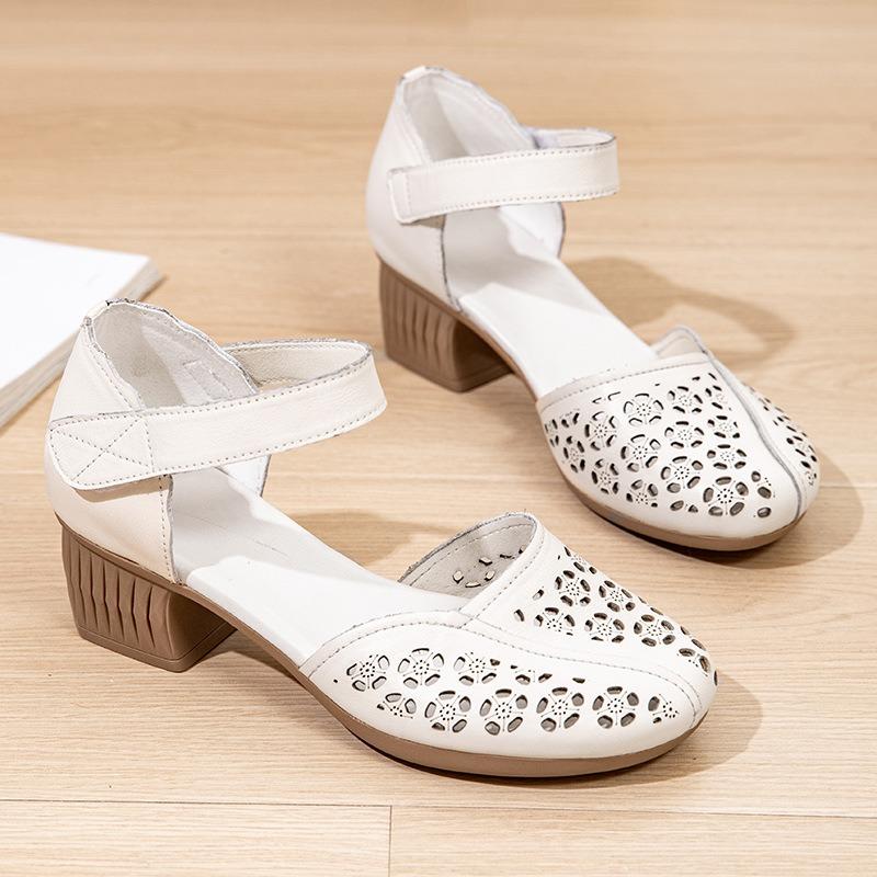 Sandals Women's Outer Wear New Summer Thick High-heeled Velcro Bag Head Sandals First Layer Cowhide Casual Hollow Mother Shoes