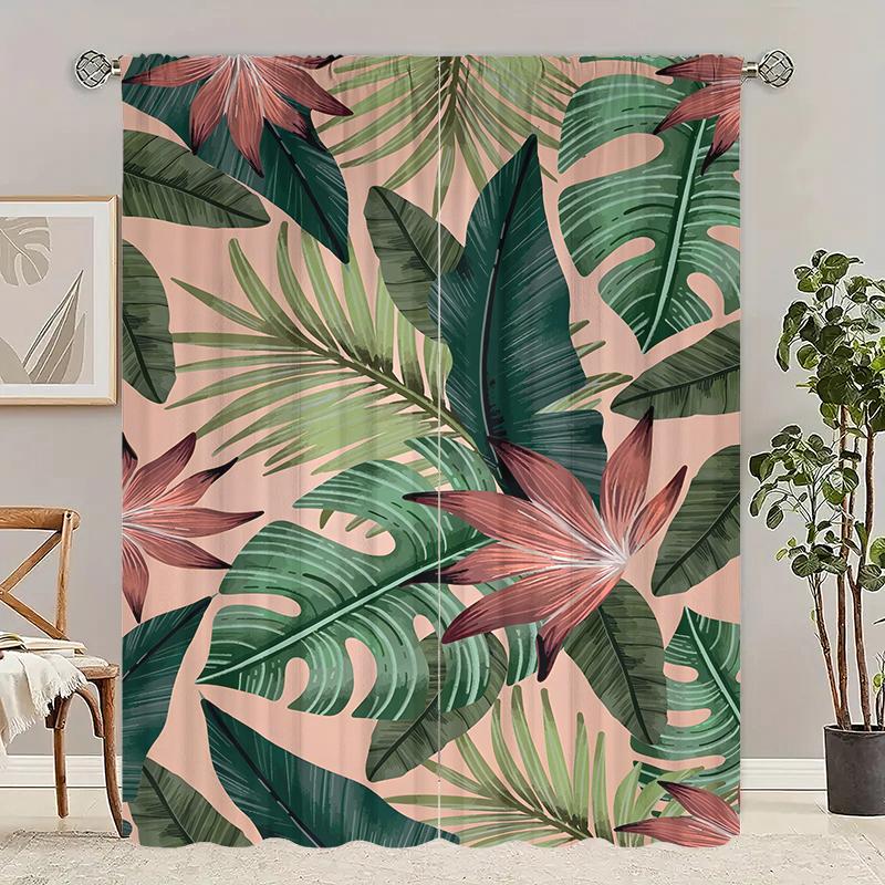Tropical Leaves Printed Curtains Pole Bag Bedroom Living Room Home Decoration Curtain Set Of 2 Made Polyester Washable Great Ready