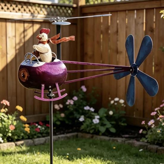 Yousheng Rooster Helicopter Wind Spinner, Outdoor Wind Driven Kinetic Sculpture, Funny Garden Wind Spinner, Chicken Ornament for Lawn Yard