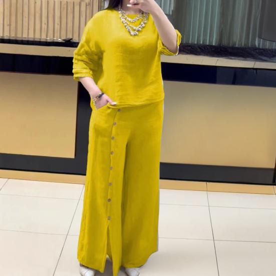 Women's Loose Cotton Linen 2-Piece Outfit Short Sleeve Top And Split Wide Leg Pants Set Summer Casual Lounge Set