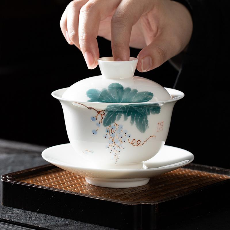 Hand-Painted White Porcelain Cover Bowl Teacup Single High-Grade Ceramic Sancai Tea Bowl With Cover Large Non-Hot Kung Fu Tea Set