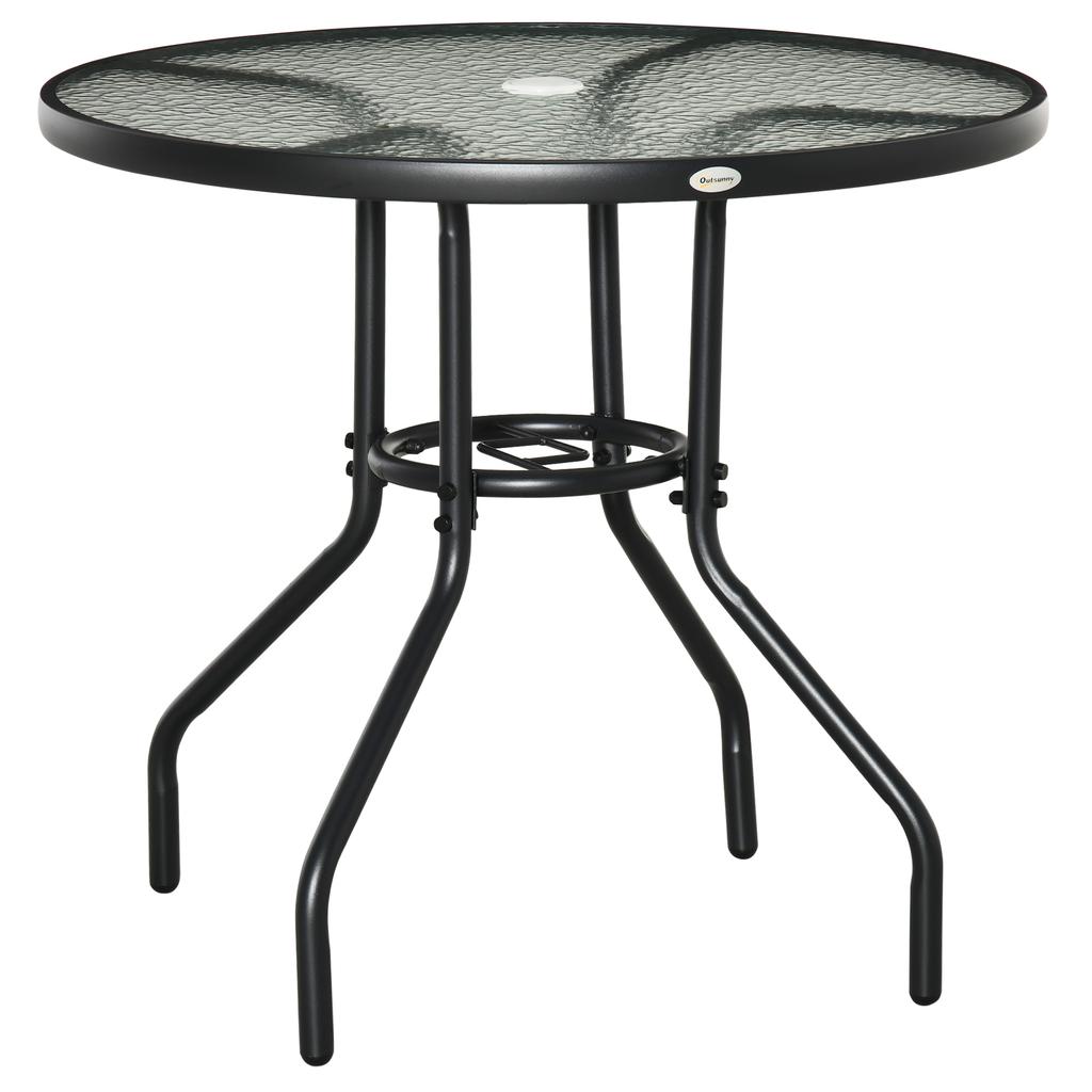 80 cm Round Dining Table with Parasol Hole, Outdoor Coffee End Side Table with Tempered Glass Top, Steel Frame for Garden, Black