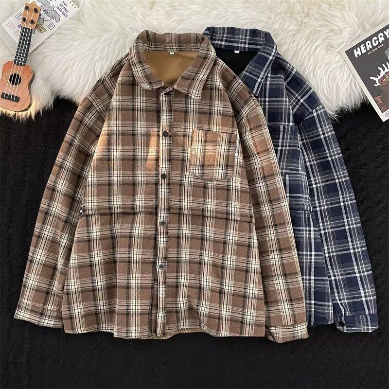 Japanese-Style Retro Cityboy Velvet Padded Shirt Autumn and Winter Boys' College Style Thickened Couple Warm Plaid Shirt