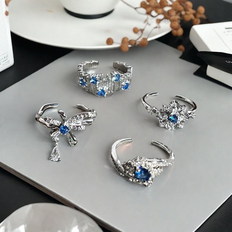 Light Luxury High-End Sea Blue Zir*****Pen Ring Full Of Diamonds Zircon Micro-Inlaid Niche Design Fashion Ring