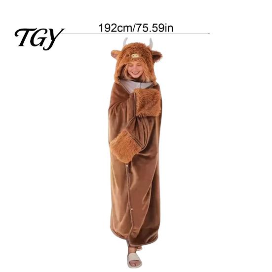 Versatile Pajama Cloak Halloween Wearable Blanket Hoodie, Cozy Hooded Highland Cow Cape, Soft Plush Sloth Black Cat for Women Home Loungewear
