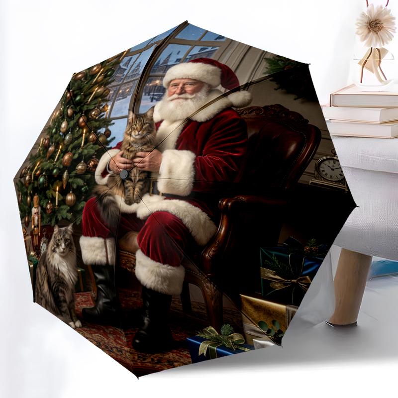 1pc Sturdy 8-Bone Auto Umbrella, Christmas Festive Santa Snowman Umbrella, Digital Printed, Foldable Umbrella for On-the-Go Outdoor Use