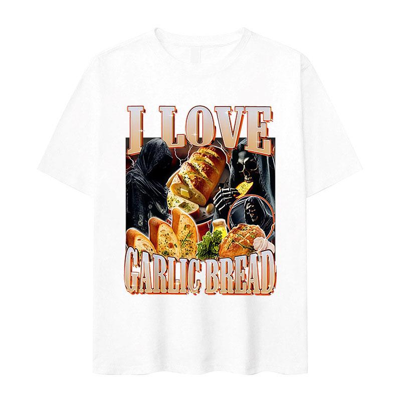 S5XLFunny Meme I Love Garlic Bread Skeleton Graphic Printed T Shirt Women Casual Short Sleeve Tshirts Summer Roundneck Clothing