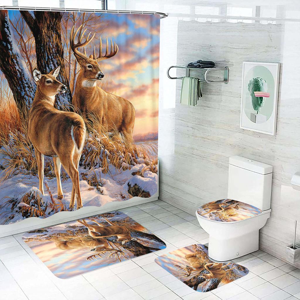 Cartoon Deer Animal Giraffe Shower Curtain Bath 4 Pcs Set Cute Luxury Accessories Sets Full Mats Gifts for Boys Girls
