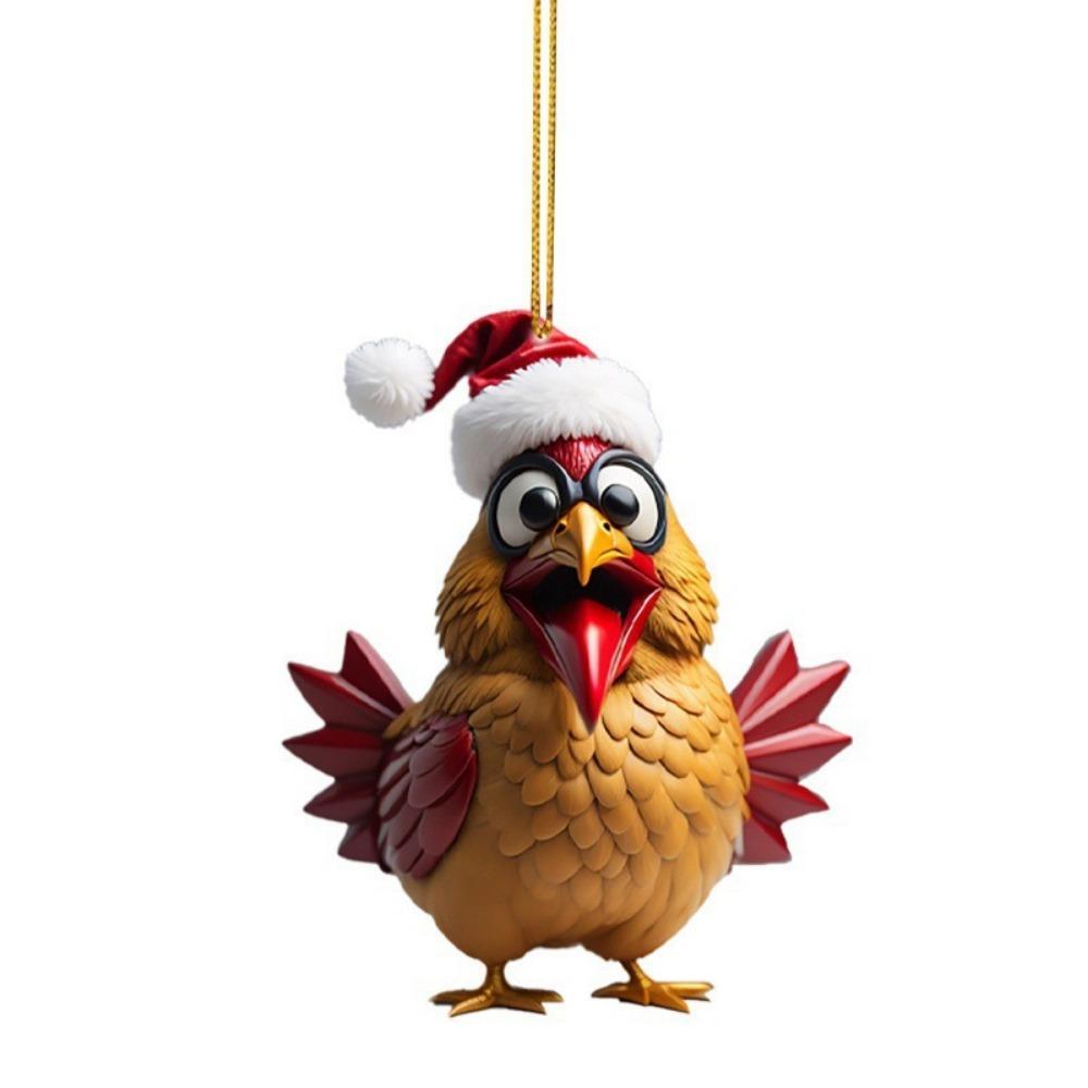 2D Christmas Rooster Ornament Cartoon Car Chicken Pendants Flat Rooster Pendant  Party Supplies