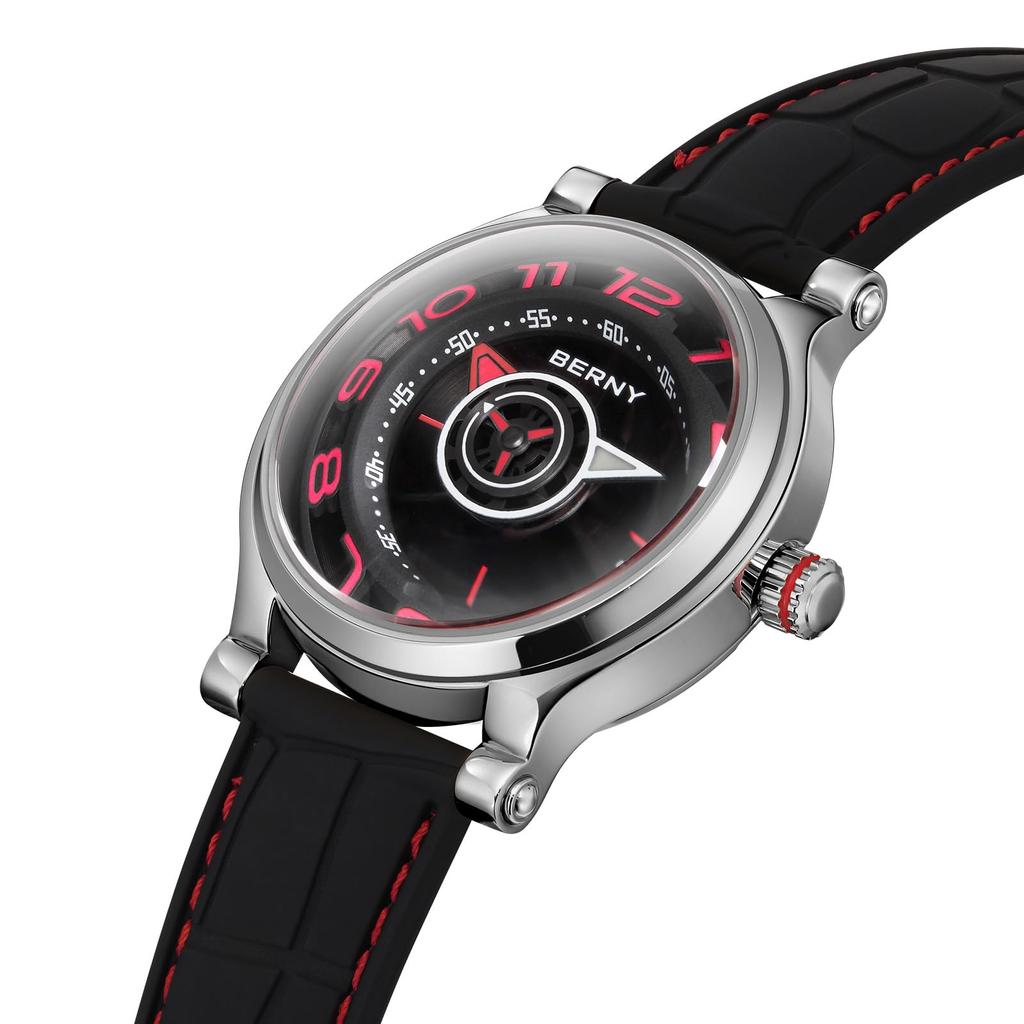 BERNY Zegarek Mechaniczny Zegarek Automatyczny i Manualny Ruch Miyota 8215 Wielofunkcyjny Kalendarz Świecące Wskazówki Wystawa Tylna Okładka 5ATM