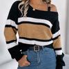 Women's Off Shoulder Sweater - Color Block Striped Bell Sleeve Pullover with Metal Buttons Fall Winter Casual Knitwear