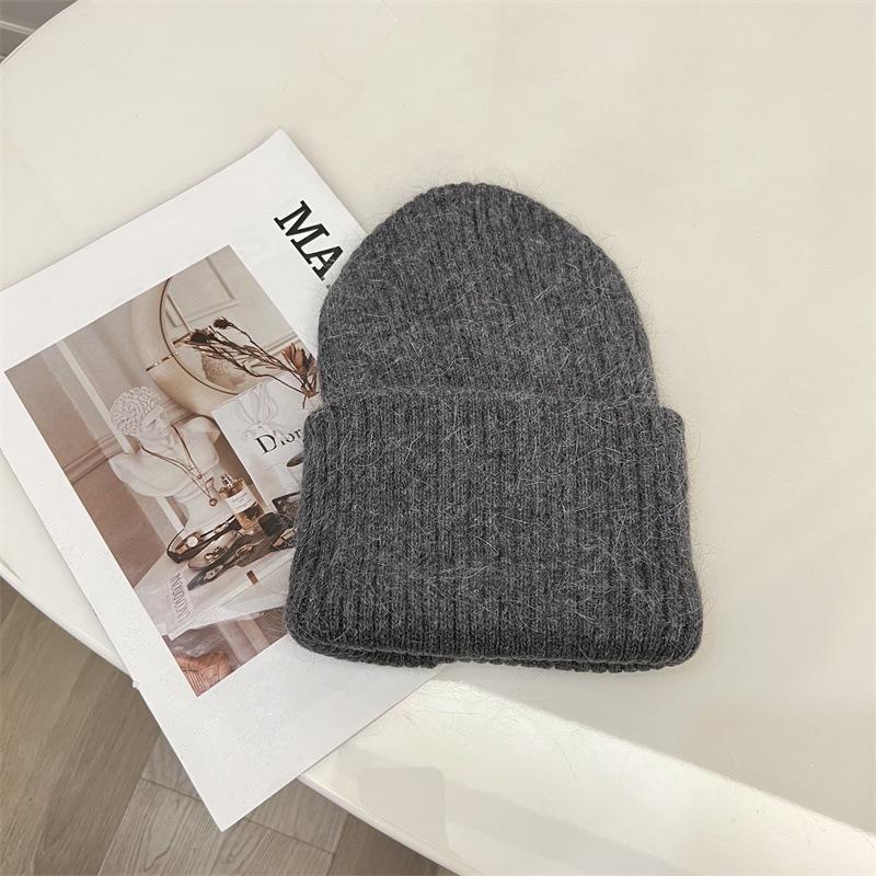 Angora Rabbit Hair Curled Brimless Wool Hat Women Autumn and Winter Warm Striped Fashion Knitted Pullover Cold Hat