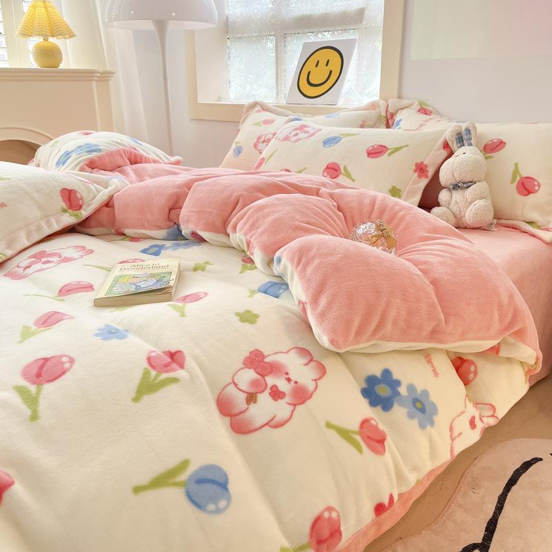 Four Piece Thick Coral Velvet Quilt Cover For Winter Milk Velvet Bed