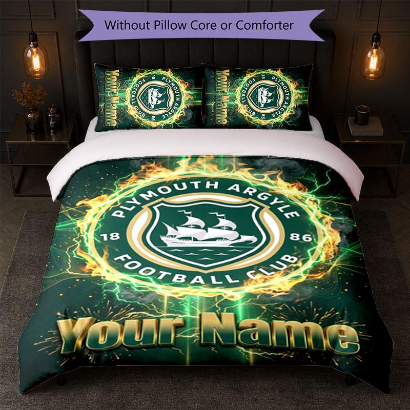 Plymouth Argyle FC Custom Name Text Bedding Set 1 Duvet Cover+2 Pillowcases Soccer Logo Personalized Gift For Special Occasion Bedroom Decor