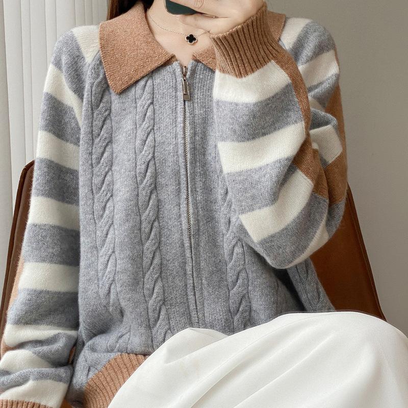 Autumn/Winter 2025 Women's Pure Wool Knit POLO Cardigan with Zipper and Color Block Buttons - Soft, Fluffy, Long Sleeve Top