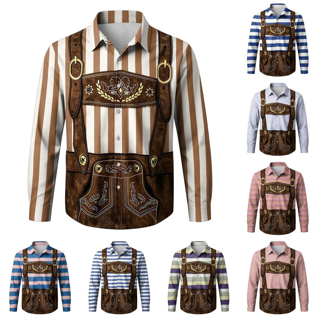 Herren Oktoberfest 3D-Druck Locker geschnitten Langarmhemd Button-Down-Kragen Lässig Vintage-Stil Atmungsaktives Hemd für Outdoor-Veranstaltungen und Partys