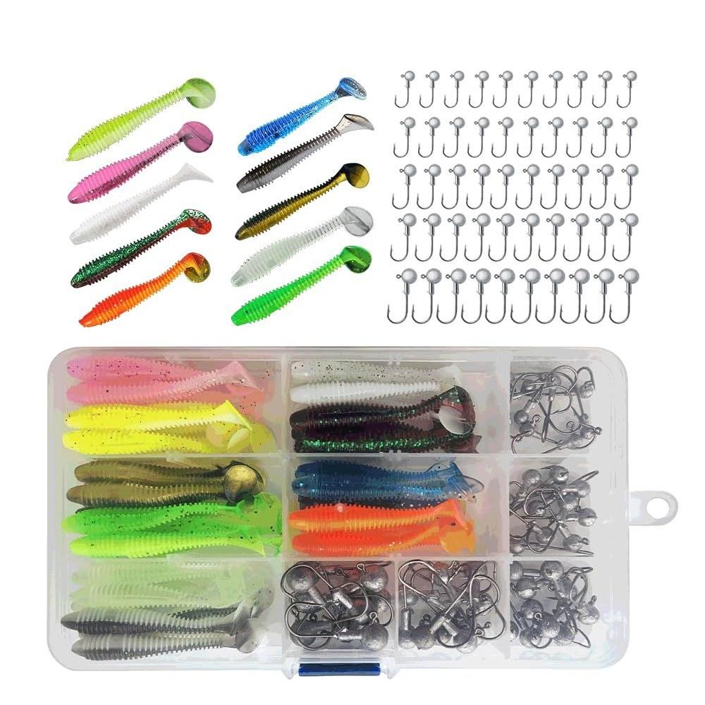 Worm Lure Set Jig Head 100 Pieces (worm 5.5cm 10 Colors 50 5 Sizes 1g 1.8g 2.5g 3.5g 5g) Sea Bass Fishing Horse Mackerel Hook Rockfish Storage Box