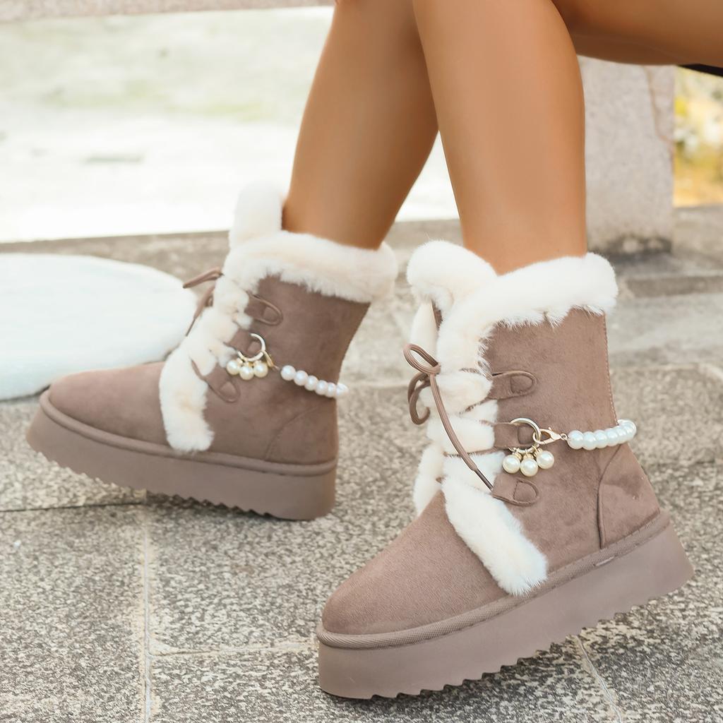 Non Slip Thick Bottom Furry Snow Boots Women 2025 Winter Pearl Bead Fluffy Fur Ankle Boots with Platform Warm Plush Suede Shoes