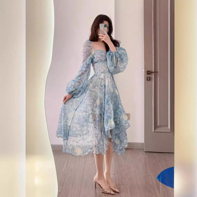 

Летнее платье Thirteen Lines 2024 Van Gogh Starry Night Fairy с открытой спиной Large цветочный