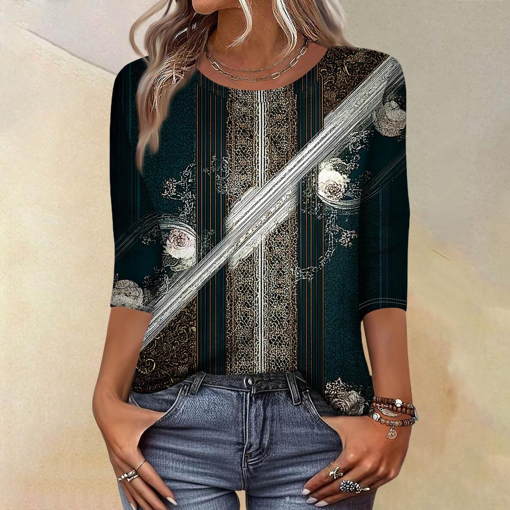 Trendy Vintage 3/4 Sleeve Top For Women,Ladies Casual Three Quarter Sleeve Round Collar Printed T-Shirt Blouse