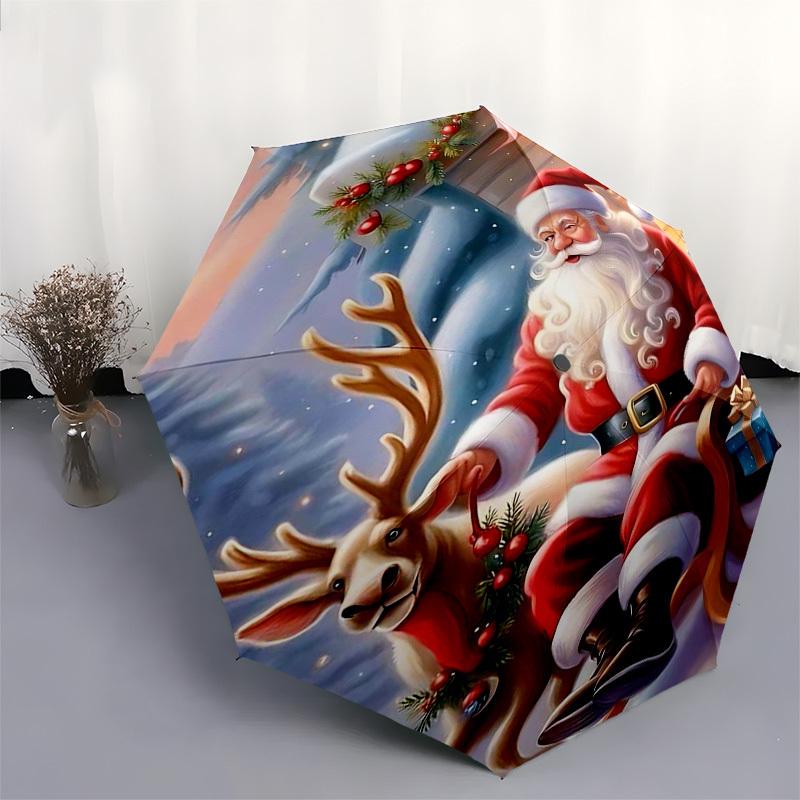 1pc Christmas Santa Claus Deer Sleigh with Automatic Opening/Closing Umbrella, Portable Tri-Fold Design, 8-Bone Iron Frame Outdoor Umbrella, Festive G