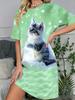 Sommer Mode Katze Muster 3D Druck Kleider Damen Lässig Kurzarm Blumen Strand Kurzes Kleid Sommerkleid Locker Damenkleider