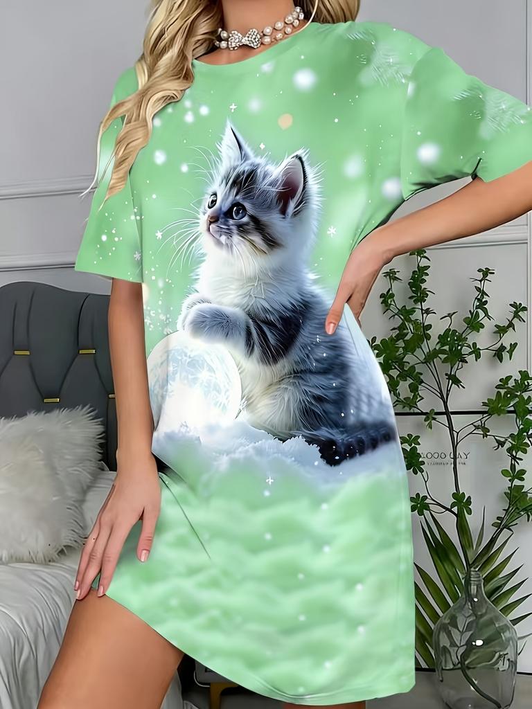 Sommer Mode Katze Muster 3D Druck Kleider Damen Lässig Kurzarm Blumen Strand Kurzes Kleid Sommerkleid Locker Damenkleider