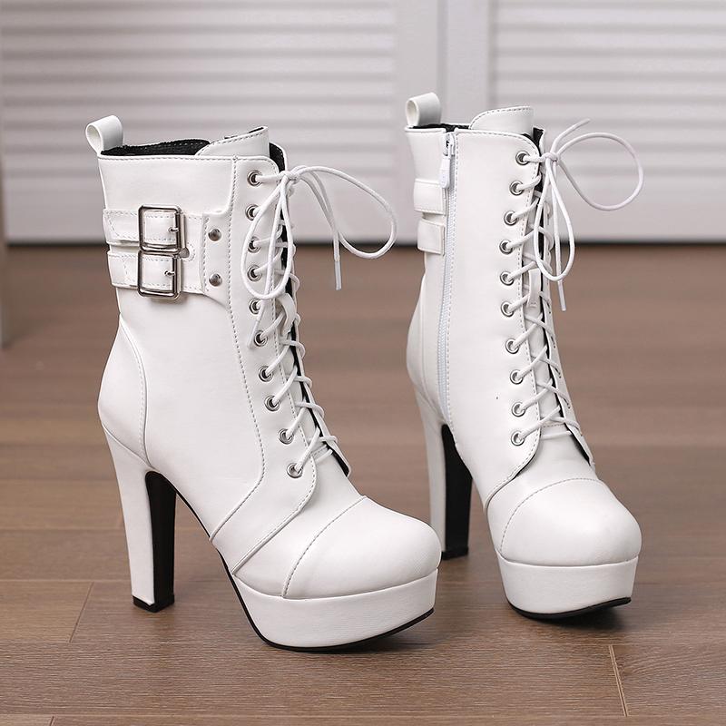 Fashion Fashion Women's Ankle Boots 2024 Winter Shoes Sexy Lace Up Buckle Short Boot Female White Black Heels Party Shoes Large Size 50