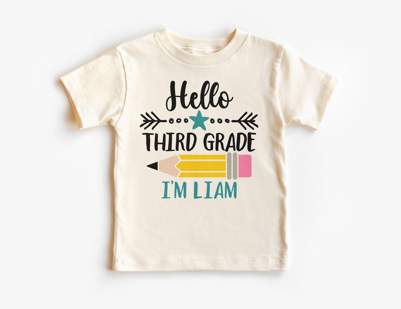 Personalized Hello Third Grade Boys Shirt, Custom Childs Name Pencil Star Tee, Back To School 3rd Grade Outfit, Unisex Youth Kids Clothing 160