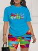 Color code European and American women's clothing painting printing T-shirt shorts set sports suit