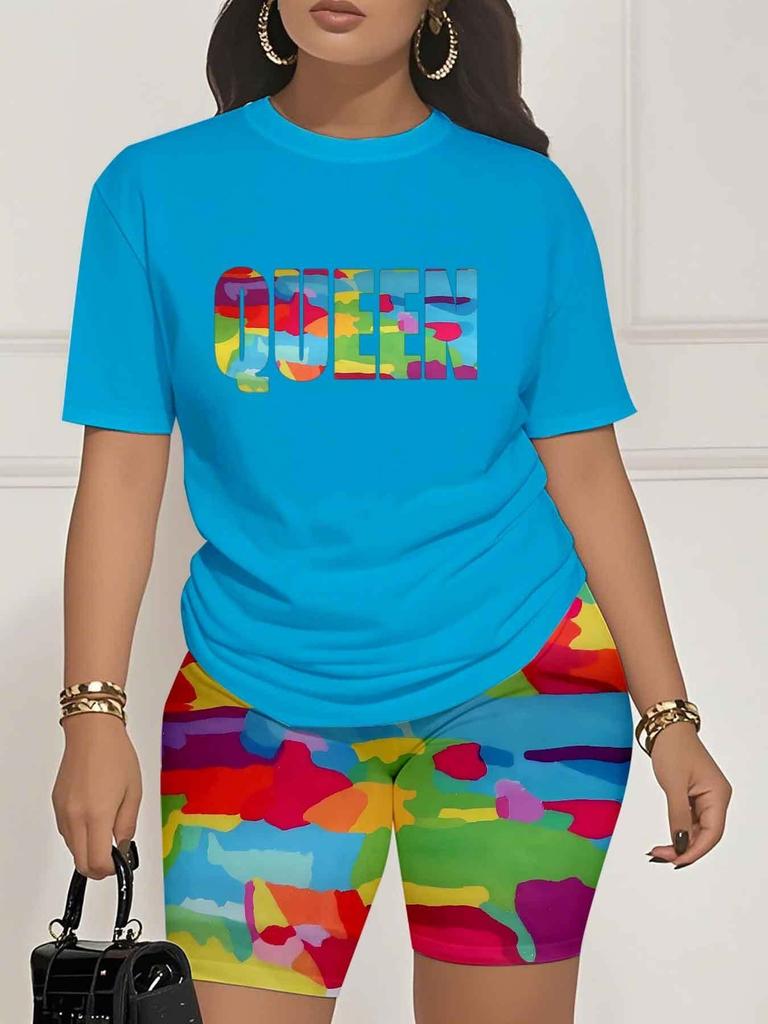Color code European and American women's clothing painting printing T-shirt shorts set sports suit