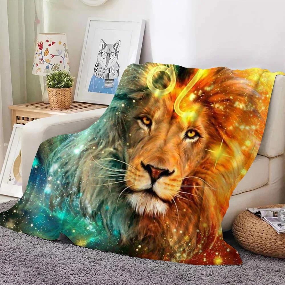 Colourful Lion Pattern Flannel Throw Blanket King Queen Size Super Soft Warm Blanket for Bed Sofa Couch Lightweight Kid Boy Gift