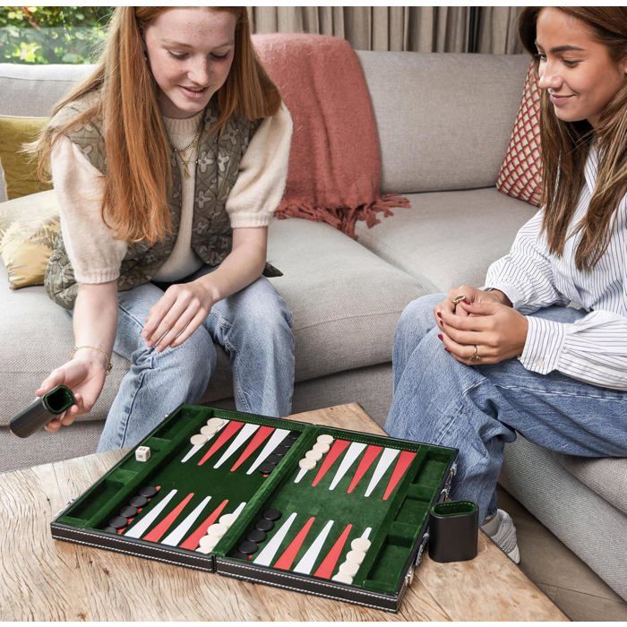 Backgammon 38 cm de luxe, Feutre et Simili Cuir surpiqués Vert/Rouge/Blanc