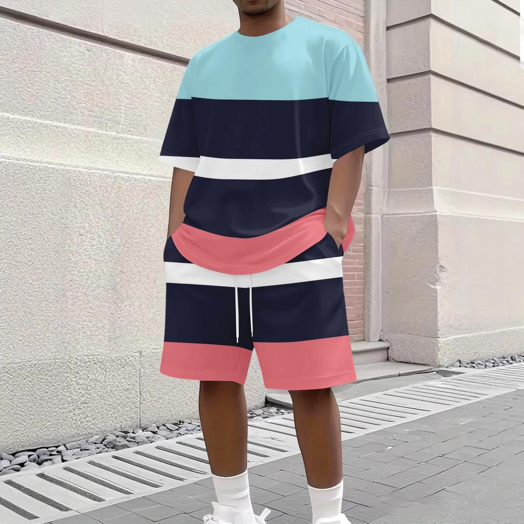 Men Stripe Print Casual Short Sleeve Crewneck Top and Shorts Two Piece Set Relaxed Fit Lightweight Outfit