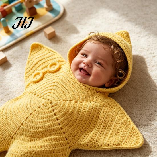 Seestern Schlafsack für Neugeborene Baby Schlafsack, Gestrickter Schlafsack mit Kapuze, Weiches Baumwollgarn Baby Wickeltuch Gemütliche Sternförmige Tragbare Decke, Neugeborene