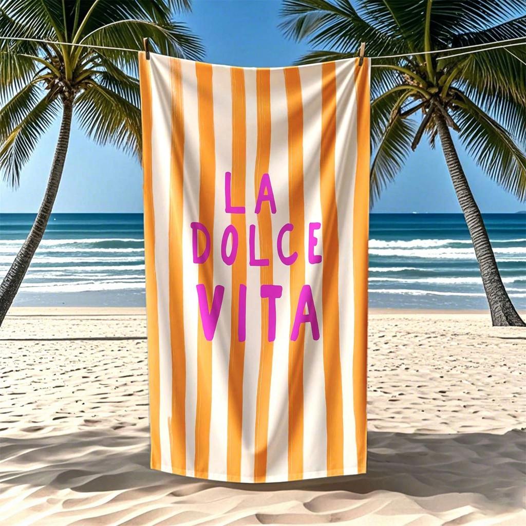 1pc La Dolce Vita Striped Beach Towel Polyester 2D Quick Dry Soft Lightweight Travel Towel Unisex for Swimming Surfing Camping