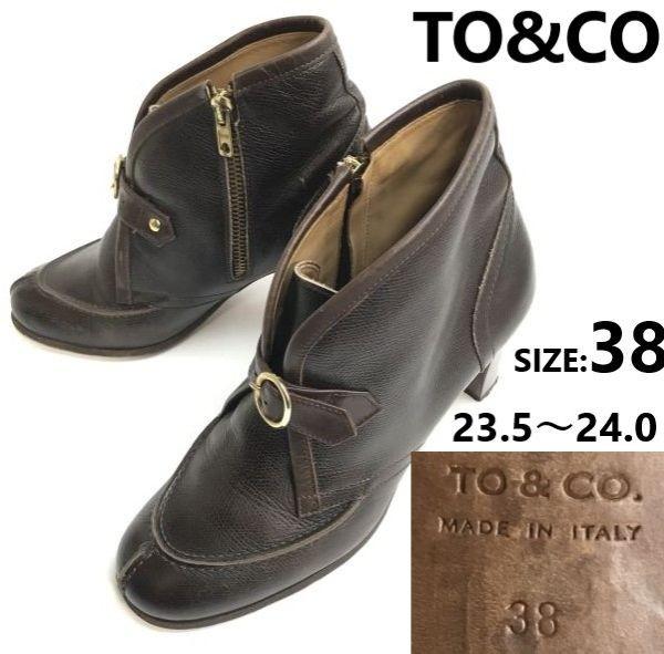 

TO&CO. Italian Leather Short Booties Brown Size 38 (23.5-24.0cm) Side Zip(USED)