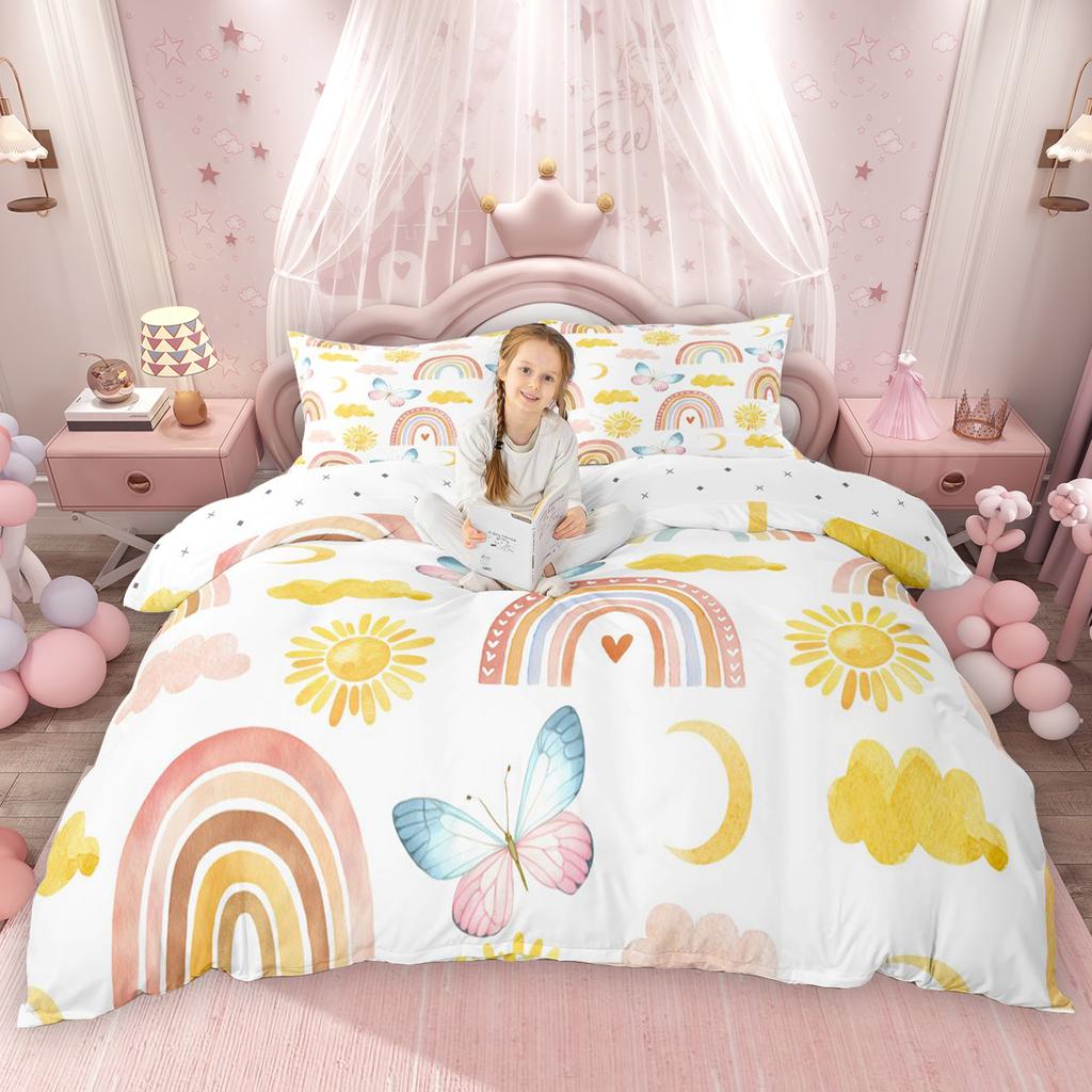Homewish Kawaii Cherry Bowknot Duvet Cover Set Cute Groovy Flower Bed Set Cartoon Rainbow Quilt Cover Set