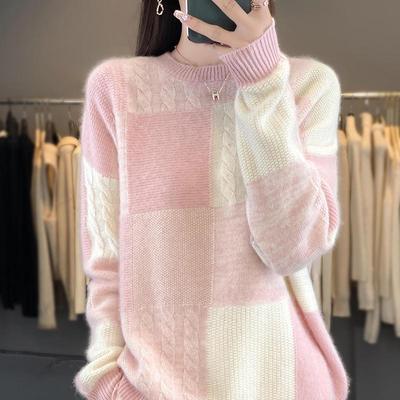 Women's Color Block Plaid Wool Sweater - Round Neck, Thickened Loose Fit, Cashmere Knit Base Layer for Autumn/Winter.