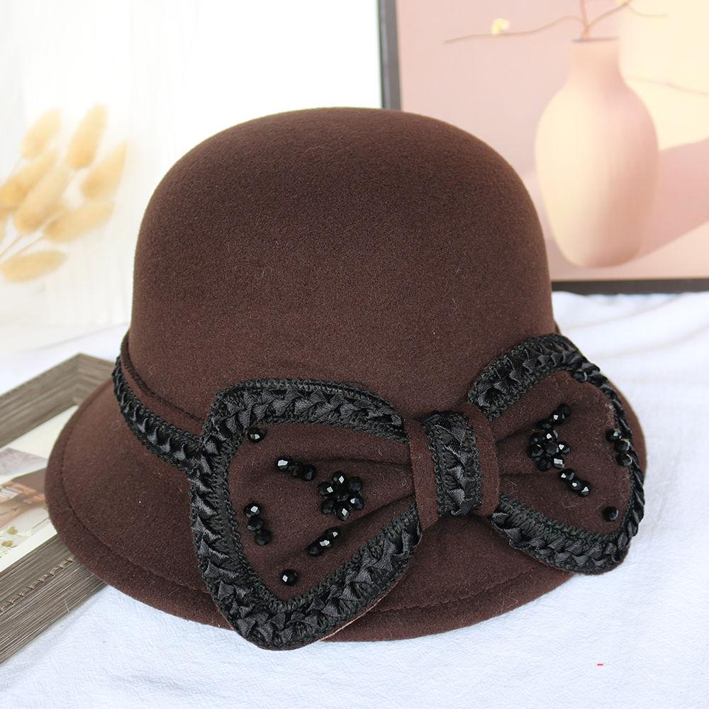 Bow Autumn and Winter Ladies Hat Wool Fashion Winter Top Hat Basin Hat Bucket Hat British Retro